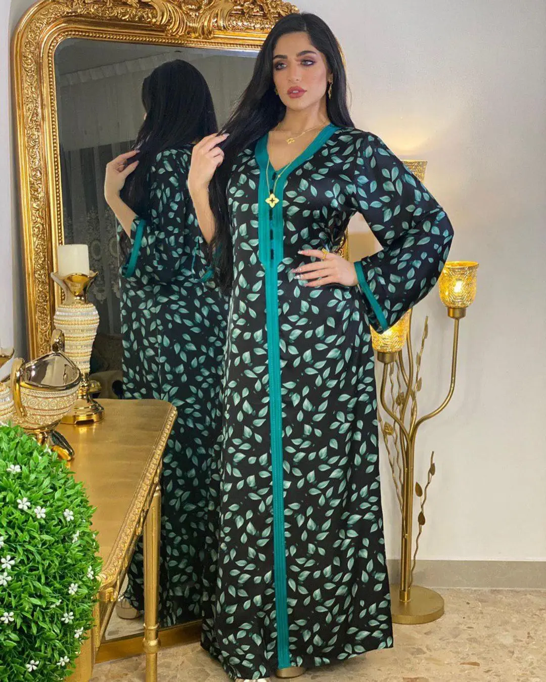 Wepbel Muslim Djellaba Abaya Women Summer Middle East Kaftan Robe Islam Clothing Large Swing V-neck Robe Dubai Abaya Clothes