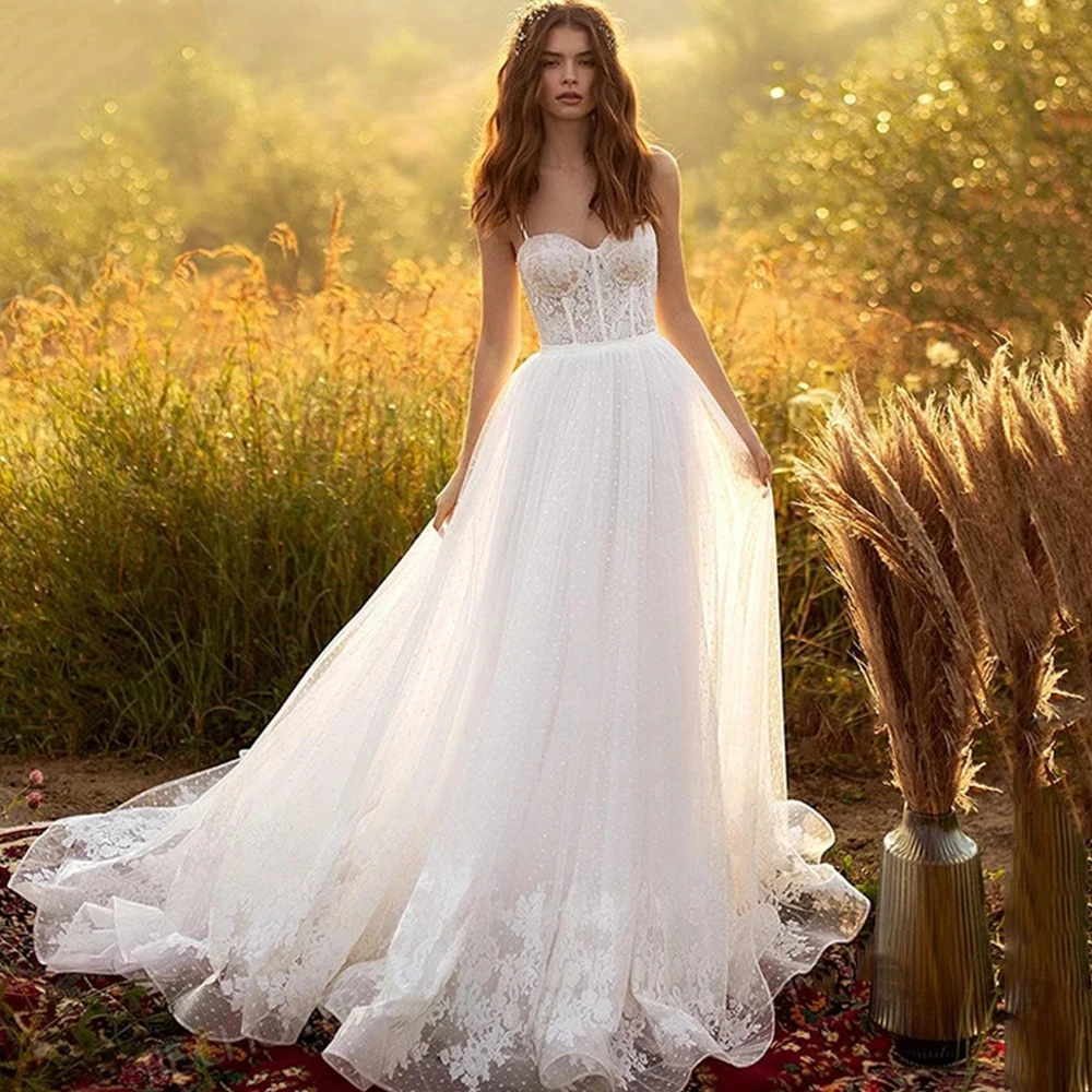 

Tulle Wedding Gowns 2022 Sweetheart Spaghetti Straps Backless Bridal Dresses A-Line Lace Appliques Sweep Train Vestido De Noiva