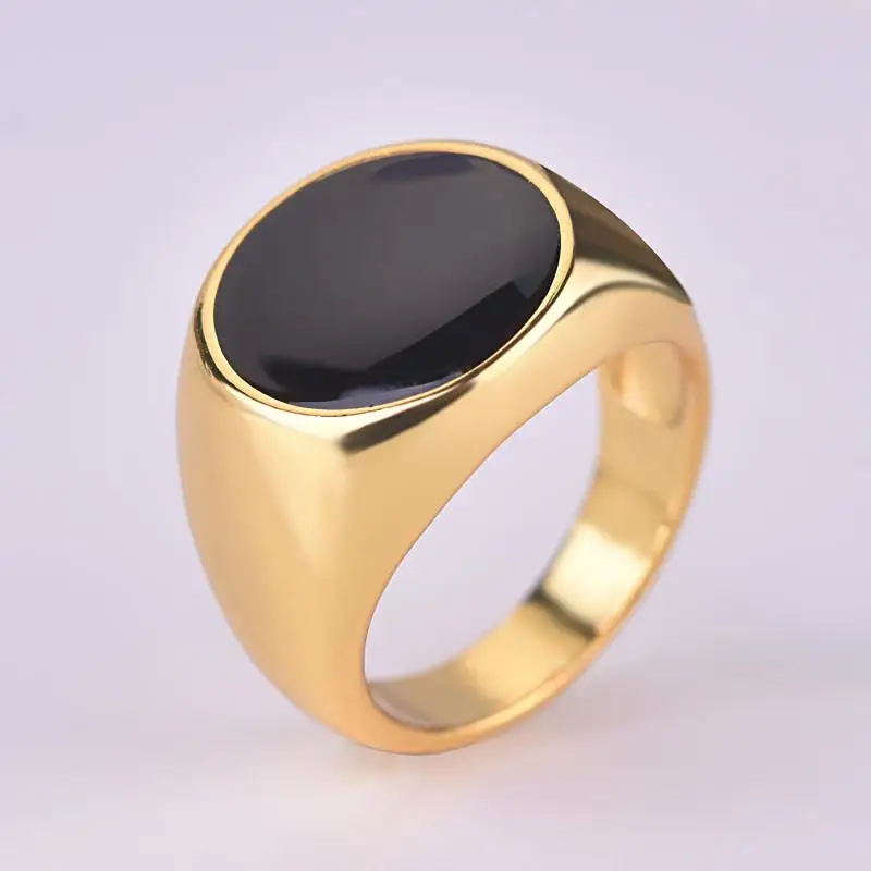 

HOYON 2022 New jewelry pure18k yellow gold color imitation black onyx round ring for women and man epoxy geometric ring gift