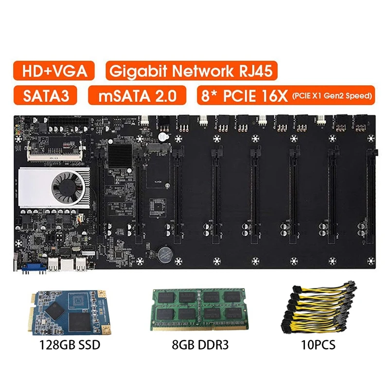 Riserless Mining Motherboard 8CPU Bitcoin Crypto Etherum with 8GB DDR3 128GB MSATA SSD 10X8Pin Power Cable(Black) |