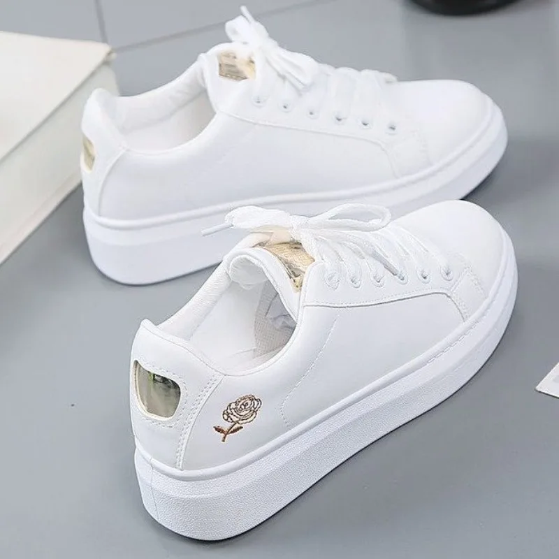 

Women's Embroidered White Sneakers Korean Style Autumn Leather Lace-up Casual Shoes Lightweight Non-slip Flats Bambas Mujer