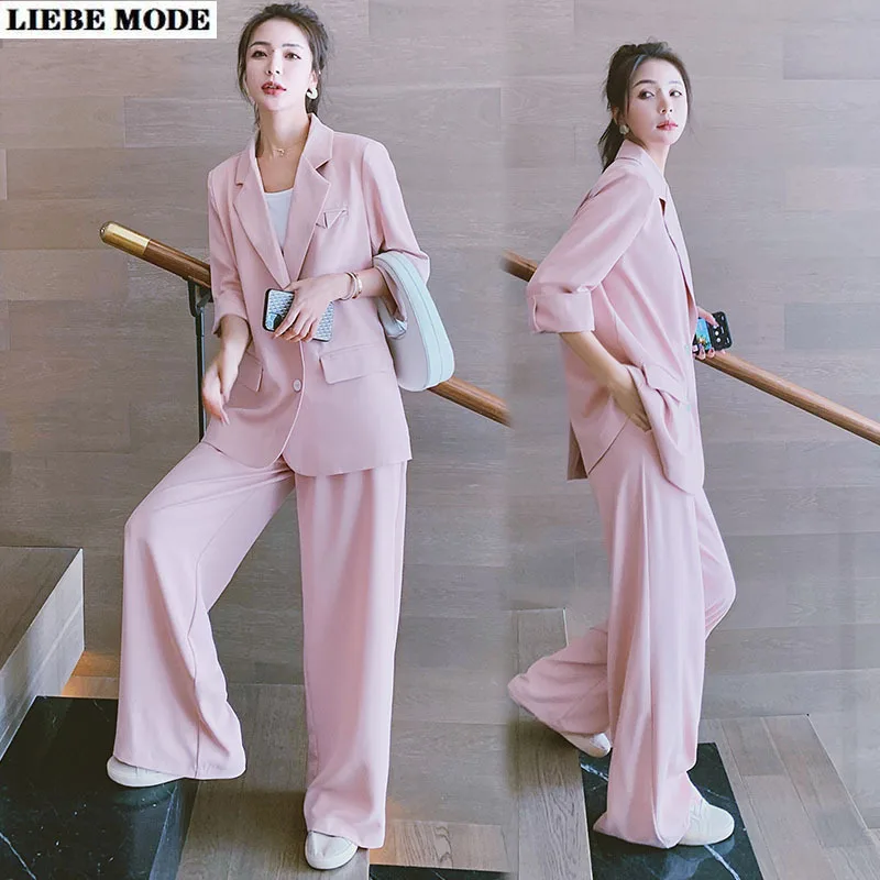 Women Office White Pink Suit Two-Piece Pantsuit Summer Sheer Blazer Female Set Business Casual Loose Pants Jacket Work Clothes