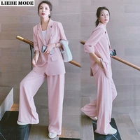 women office white pink suit two piece pantsuit summer sheer blazer female set business casual loose pants jacket work clothes