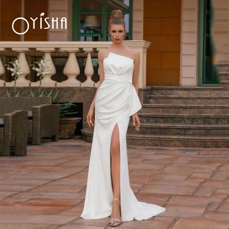 

OYISHA Simple Satin Mermaid Wedding Dress For Bride Sexy Side Split Beach Bridal Gowns Sexy Strapless Backless vestidos de noiva