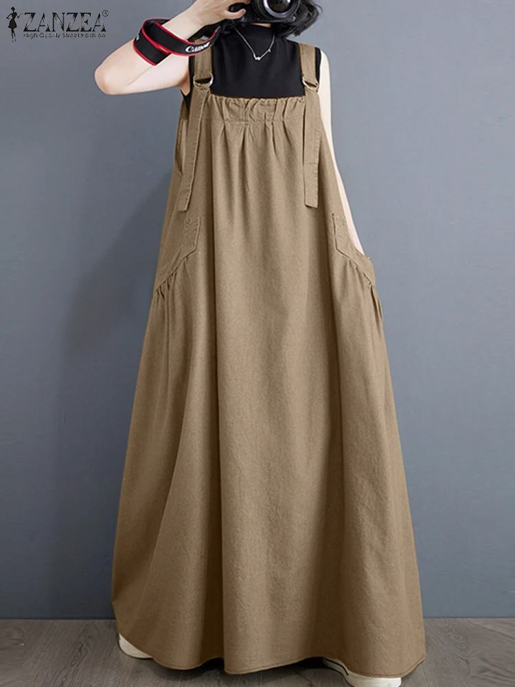 Корейский модный женский комбинезон платье осенне-летний сарафан макси ZANZEA