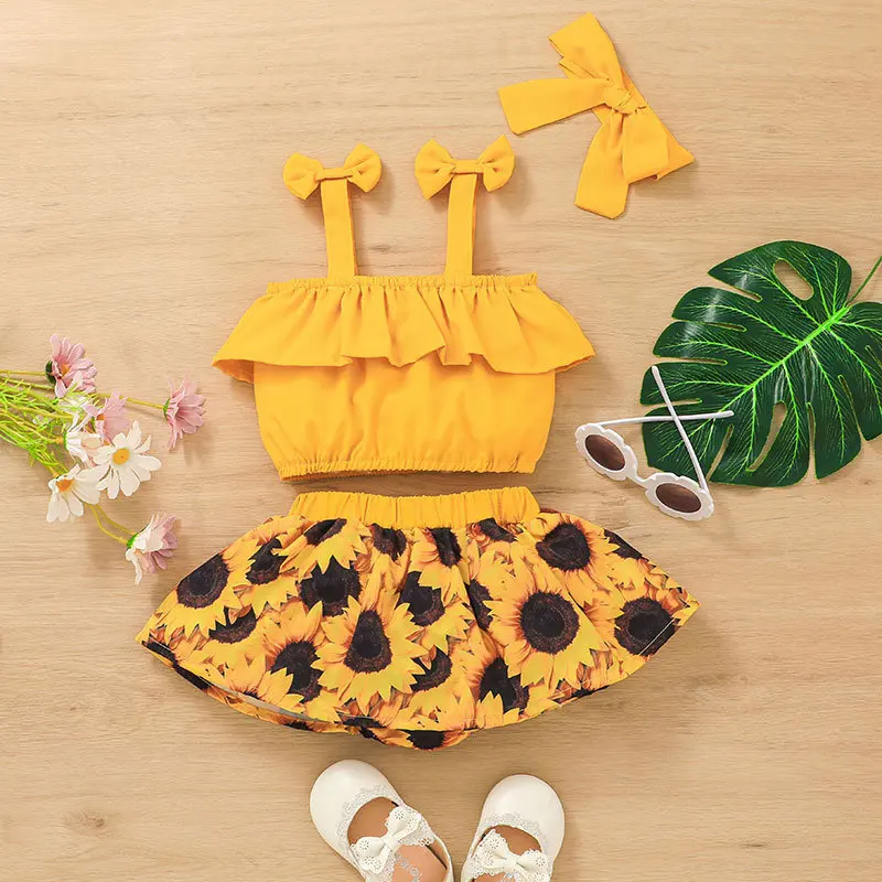 

Newborn Baby Girl Clothes Set Bow Suspender Top + Sunflower Print Skirt Toddler Infant Summer Clothing Suit