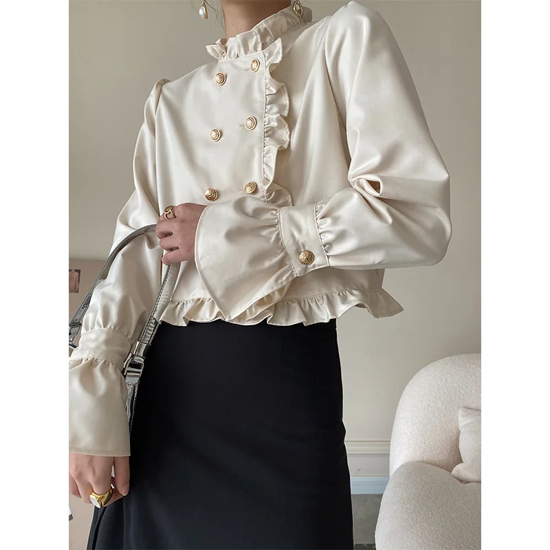 

Palace Style Fungus Edge Short Shirt Women's Design Niche 2022 Spring and Summer New Tops Retro Shirts Ladies