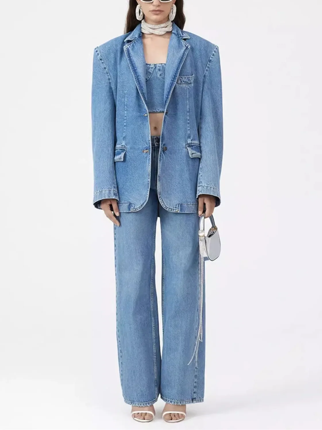 

Женский джинсовый пиджак силуэта плечевые накладки Новинка Осень-зима 2023 Универсальный женский однобортный прямой пиджак пальто