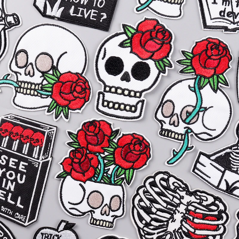 

Rose And Skull Embroidered Patches For Clothing Punk Patch Iron On Patches For Clothes Skeleton Embroidery Patch For Clothes DIY