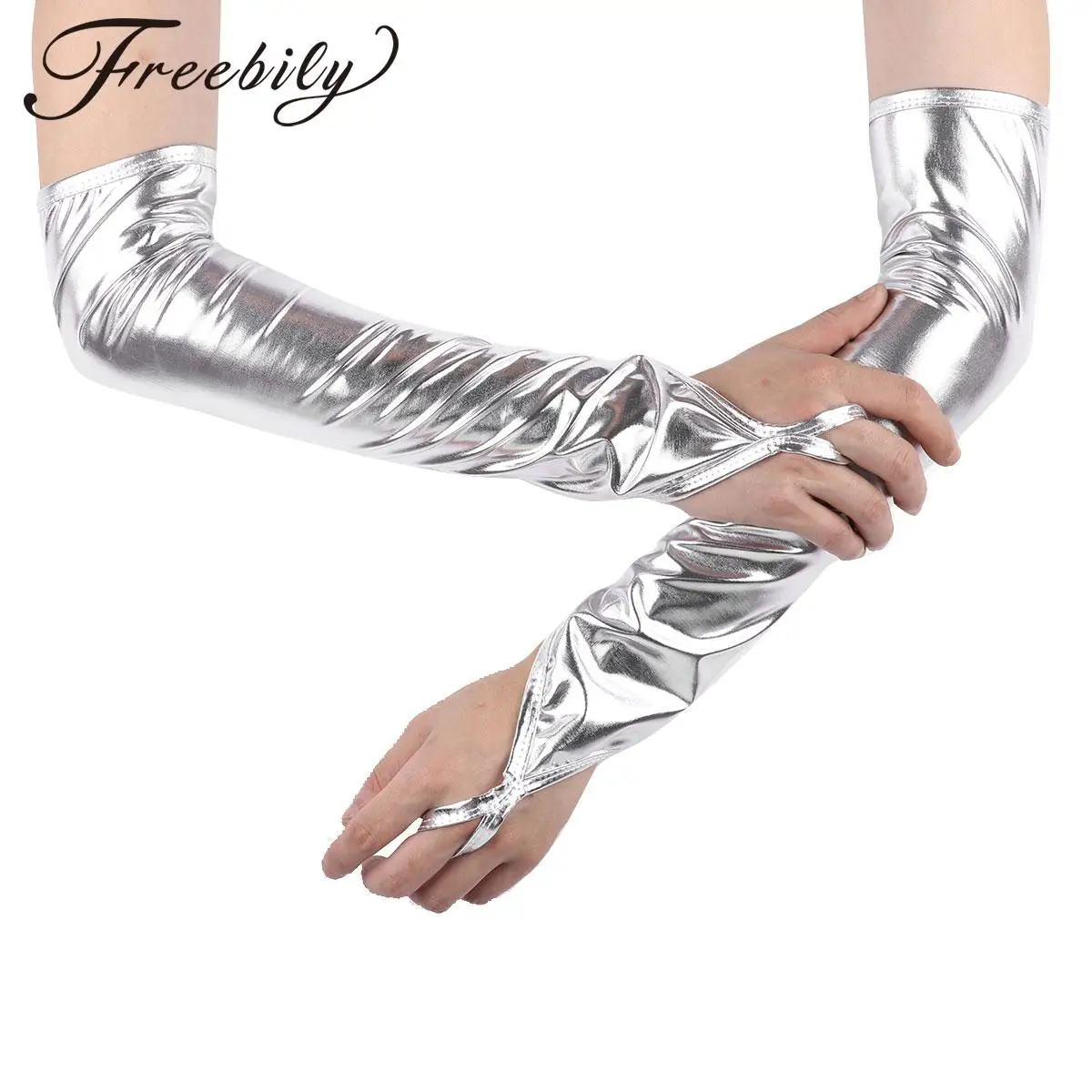 Sexy Metallic Fingerless Gloves Womens Elbow Length Party Dance Mittens Cosplay Night Club Dancewear Accessory Shiny Long Gloves