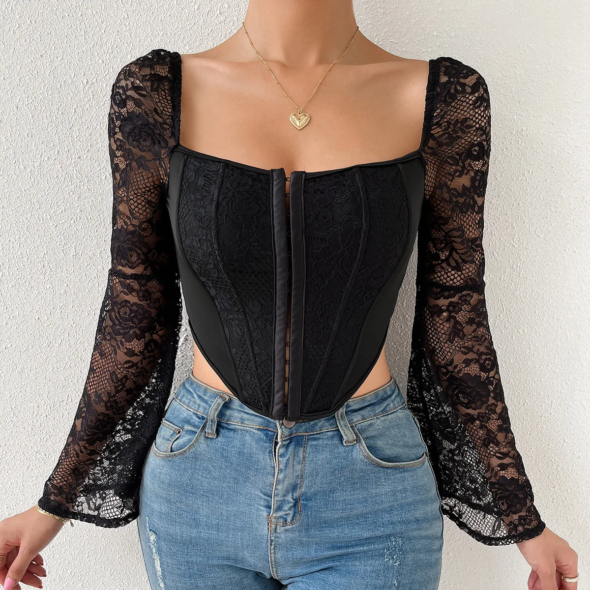 

Y2K темная Академия Черный корсет Топ Винтажный кружевной расклешенный рукав футболка E-girl Готни эмо альт короткий топ Харадзюку гранж одежд...