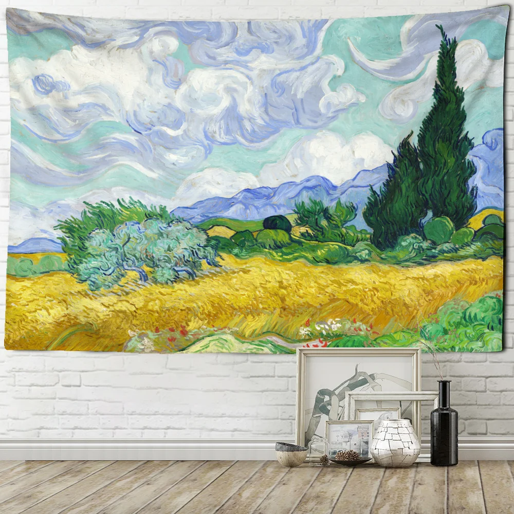 

Гобелен с изображением пшеничного поля и кипариса, пейзаж Ван Гога, фоновая декорация для дома в гостиную, подвесная ткань, настенное украшение TAPIZ
