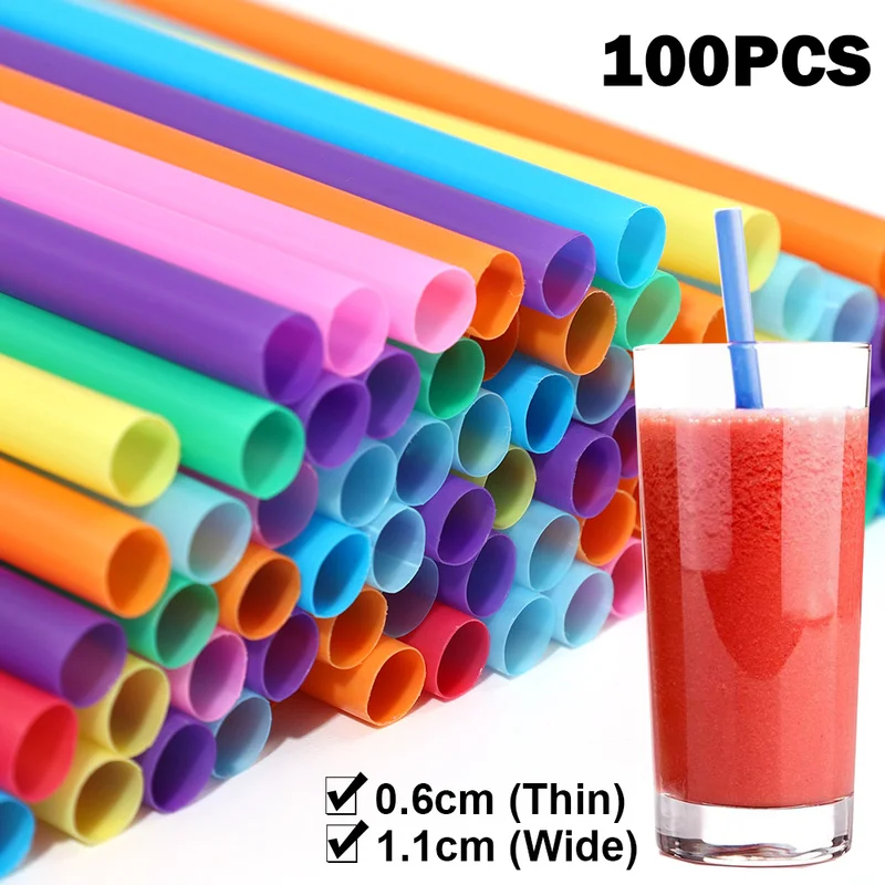 100pcs Drinking Straws Wide/ Thin Multi-color Disposable Plastic Straws Milktea Milkshake Juice Drink Straw for Party Kitchen
