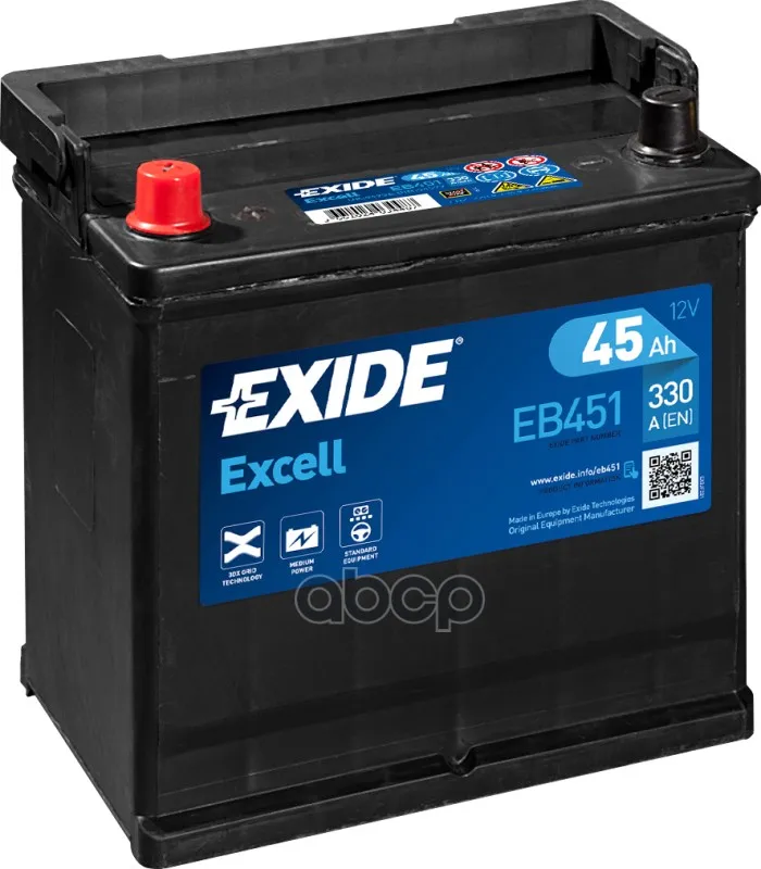Exide Eb451 Excell_аккумуляторная Батарея! 19.5/17.9 Рус 45ah 330a 218/133/223 EXIDE арт. EB451