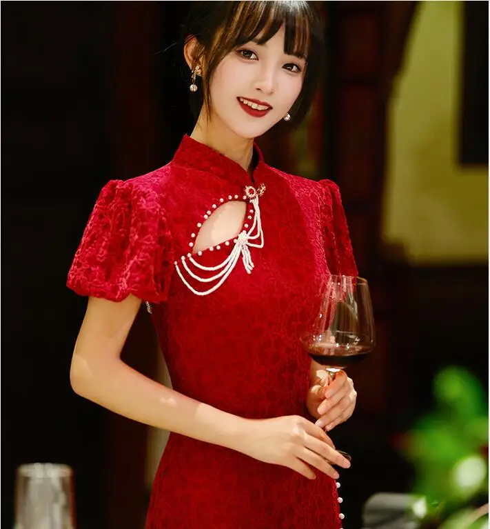 

Autumn Red Chinese Lace Wedding Cheongsam