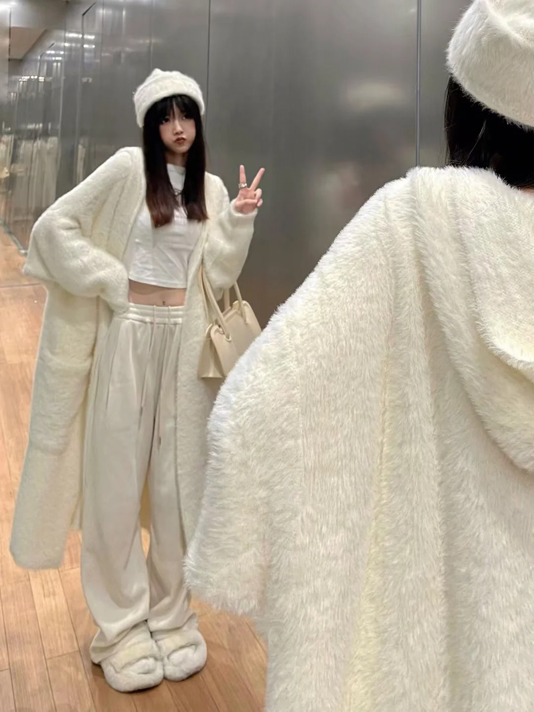 Халат Sle Осень и зима Новый ленивый выше колена Вязаный свитер с капюшоном