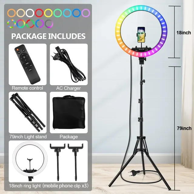 

inch Photographic Ring Light LED Selfie Fill Lamp Dimmable Video Live Lighting 3200-5800K Makeup 48cm Ring Light with Remote