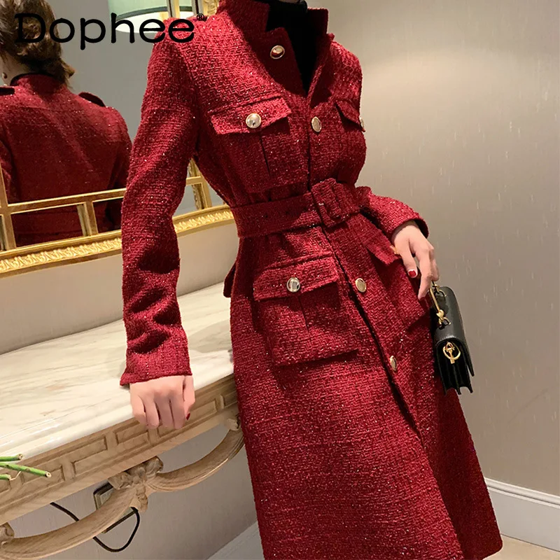 Temperament Red Tweed Coat Women Suit Collar Pockets Belt Waist Long Plaid Woolen Coat Office Lady 2022 Fall Winter Trench Coat