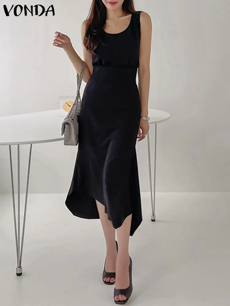 

VONDA Women Sets 2023 Summer Dress Matching Set Sexy Sleeveless Crop Tops And High Waist Asymmetrical Long Skirts Suits