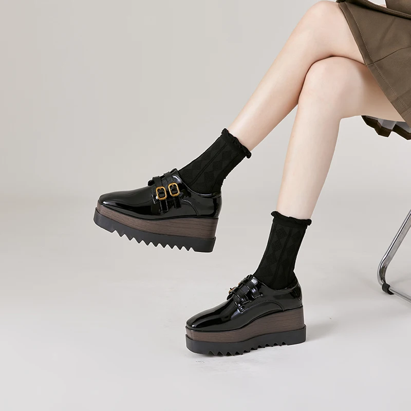 8cm Heeled Platform Wedges Shoes Womens High Heels Casual Lazy Shoes Square Buckle Wedge Creepers Pumps Damen Black