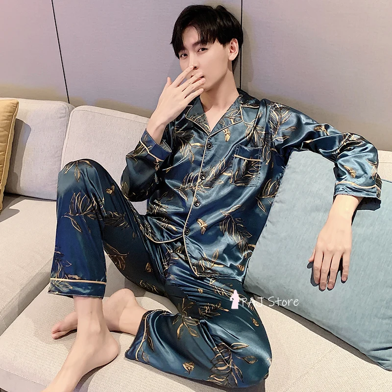 QUHENG Pajamas for Men Long Sleeve Satin Black Silk Pajamas Set New Home Wear Autumn Pijamas Lounge Wear Man Sleepwear for Suit