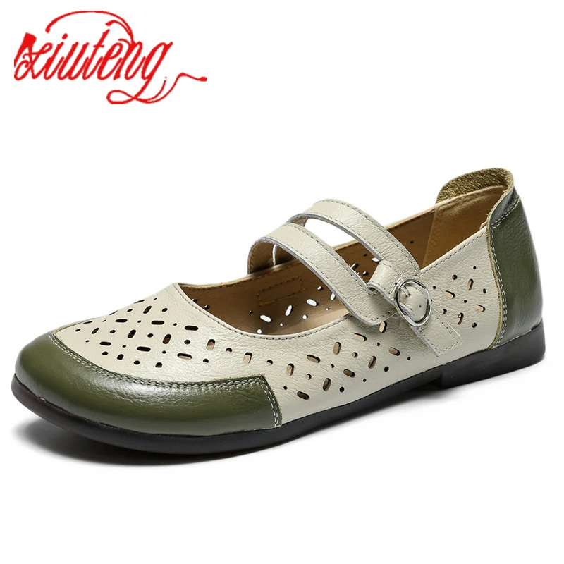 Xiuteng 2023 New Summer Cow Leather Sandals Women's Nurse Hole Shoes Women's Mother's Shoes Oxfordx Soft Bottom Flat Shoes