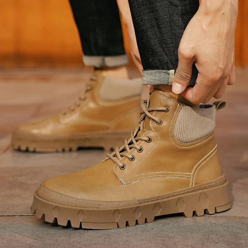 

2023 High Quality Shoes for Man Cross-tied Men's Boots Fashion Sewing Hot Sale Round Toe Platform Leather Casual Boots Zapatos
