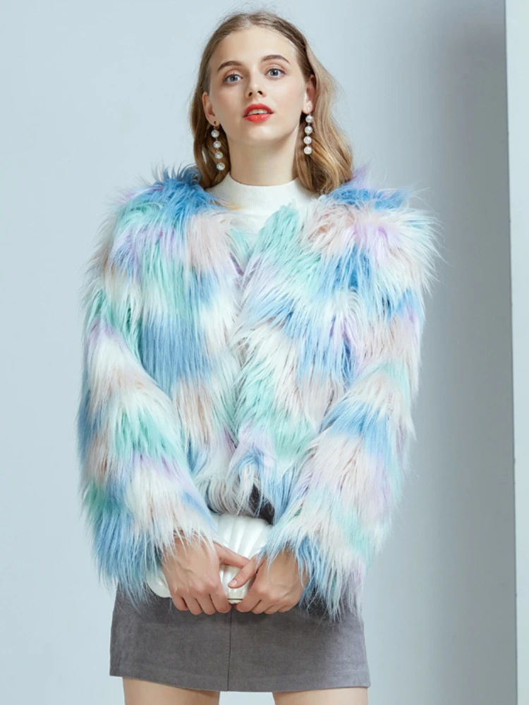 Fashion Blue Ice Cream Macaron Color Faux Fur Coats Women 2022 Winter Warm Plush Cardigan Ladies Office Outwear Fluffy Jackets