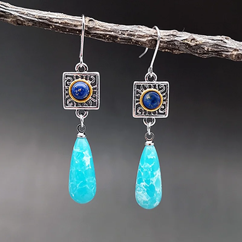 

Boho Drop Earrings Antique Two Tone Lapis Lazuli Drop Stone Earrings