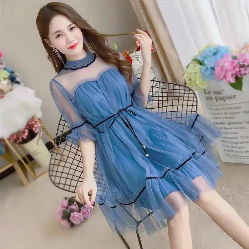 Mesh Dresses Women Patchwork Sequined Midi Dress O-Neck Spring Summer Korean Style Elegant Vestido Feminino Sweet Female J246