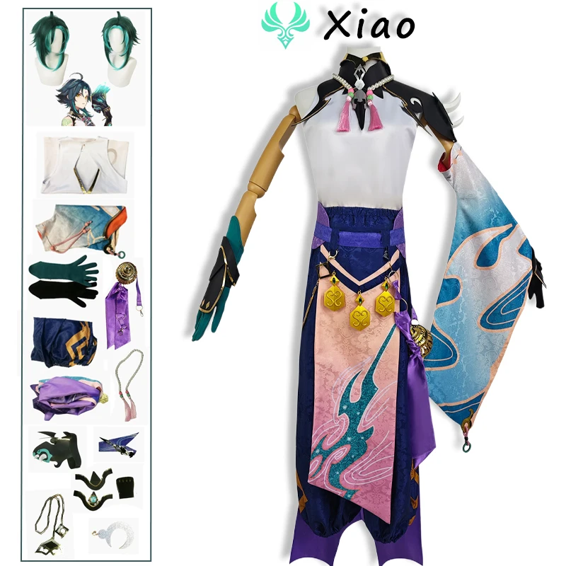 genshin-–-costume-de-cosplay-xiao-impact-perruque-verte-uniforme-kimono-costume-de-fete-d'halloween-ensemble-d'accessoires-complets-bande-dessinee