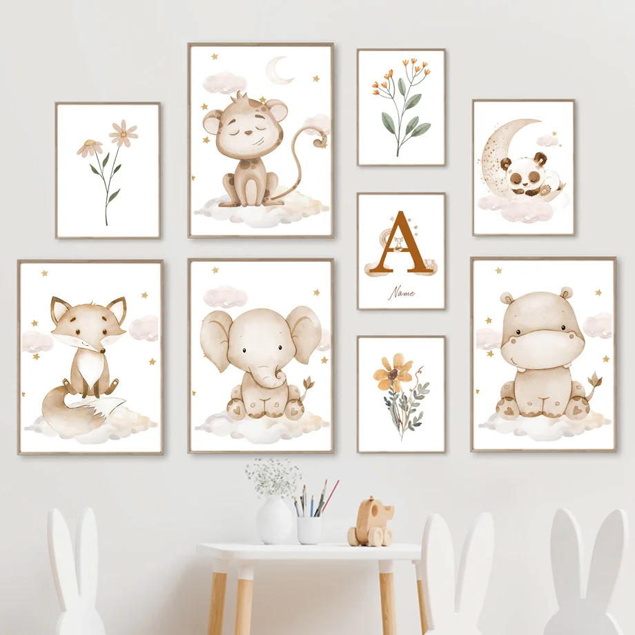 

Hippo Fox Elephant Monkey Panda Moon Flower Clouds Wall Art Canvas Painting Posters And Prints Wall Pictures Kids Room Decor