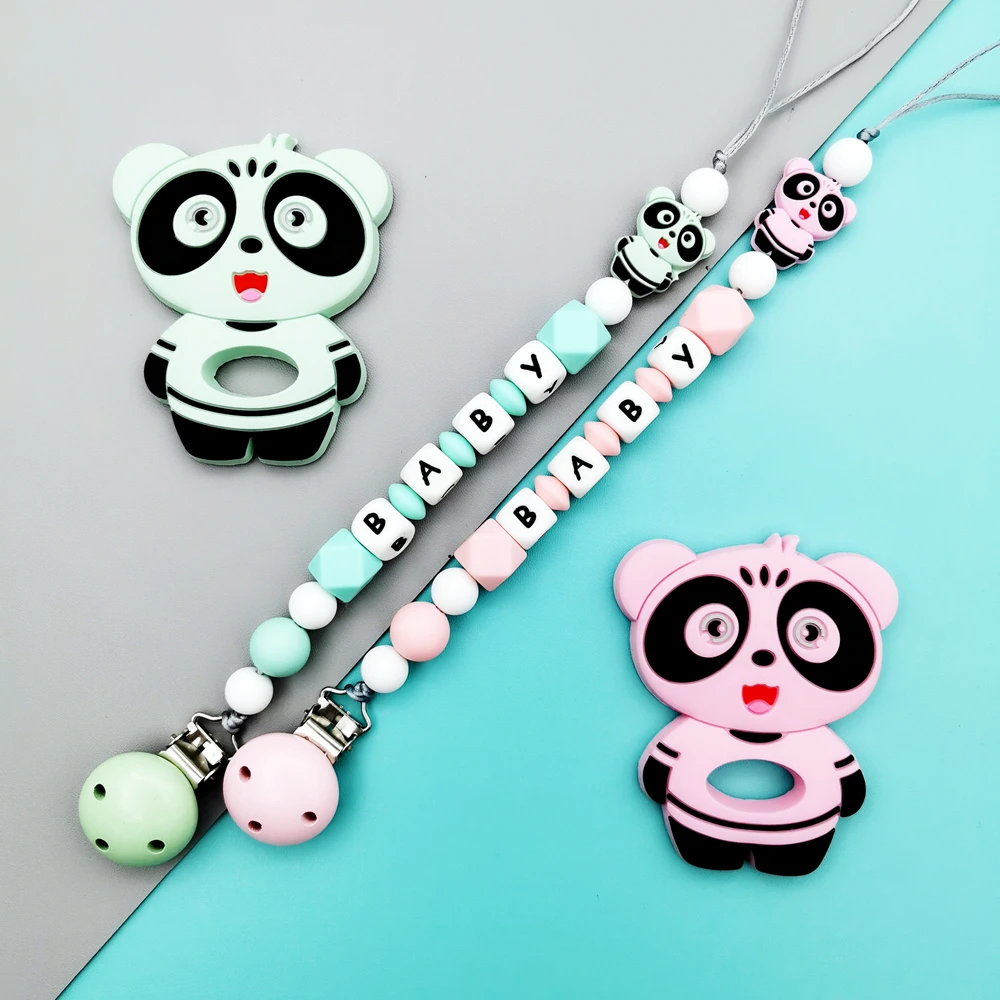 

Custom English Silicone Letter Name Baby Silicone Panda Pacifier Clips Chains Teether Pendant Baby Pacifier Kawaii Teether Gifts