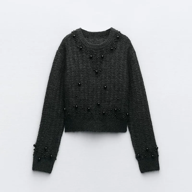 

Women's Artificial Pearl Decoration Knitted Pullover Long Sleeve Round Neck Monochromatic Loose Relaxed Spring Autumn