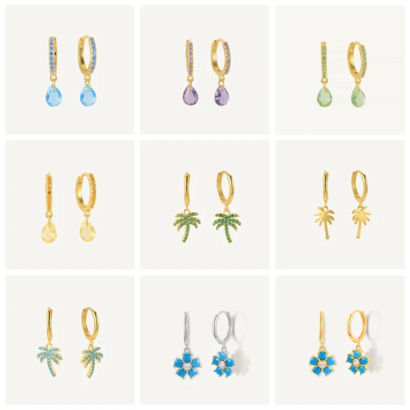 

Aide 925 Sterling Silver Colored Waterdrop Zircon Charm Dangle Earrings For Women Gift Turquoise Coconut Flower Pendant Earrings