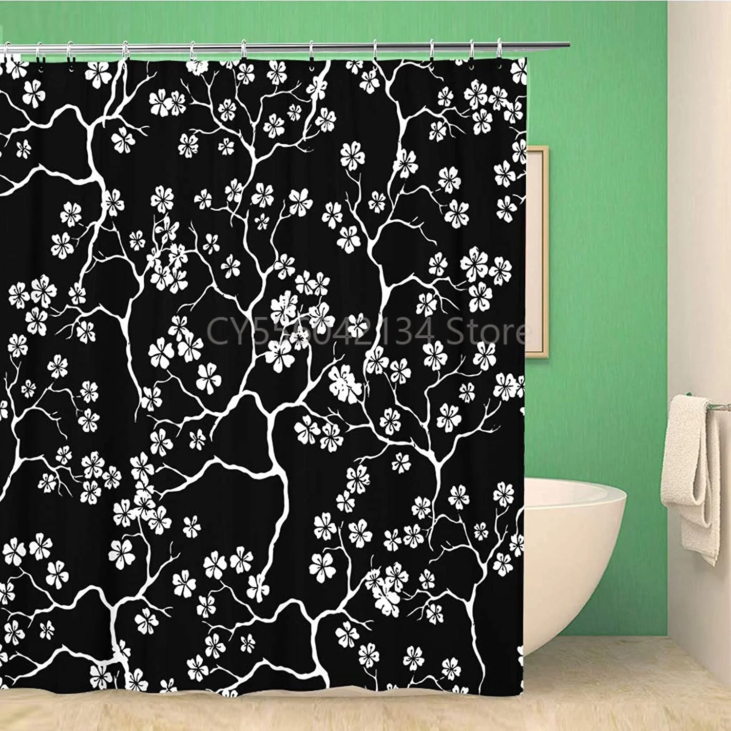

Pink Black Cherry Blossoms The Branches Pattern on Oriental Waterproof Polyester Bathroom Decor Curtain Set with Hooks