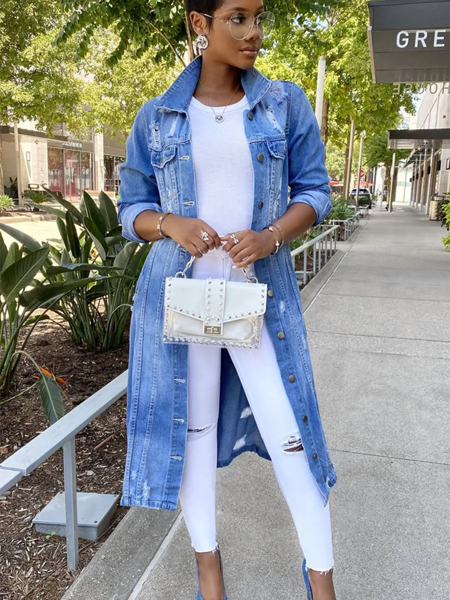 

2023 Autumn Winter Women Jackets Ripped Denim Outwear Vintage Casual Long Jean Jacket Female Long Sleeve Coat Streetwear
