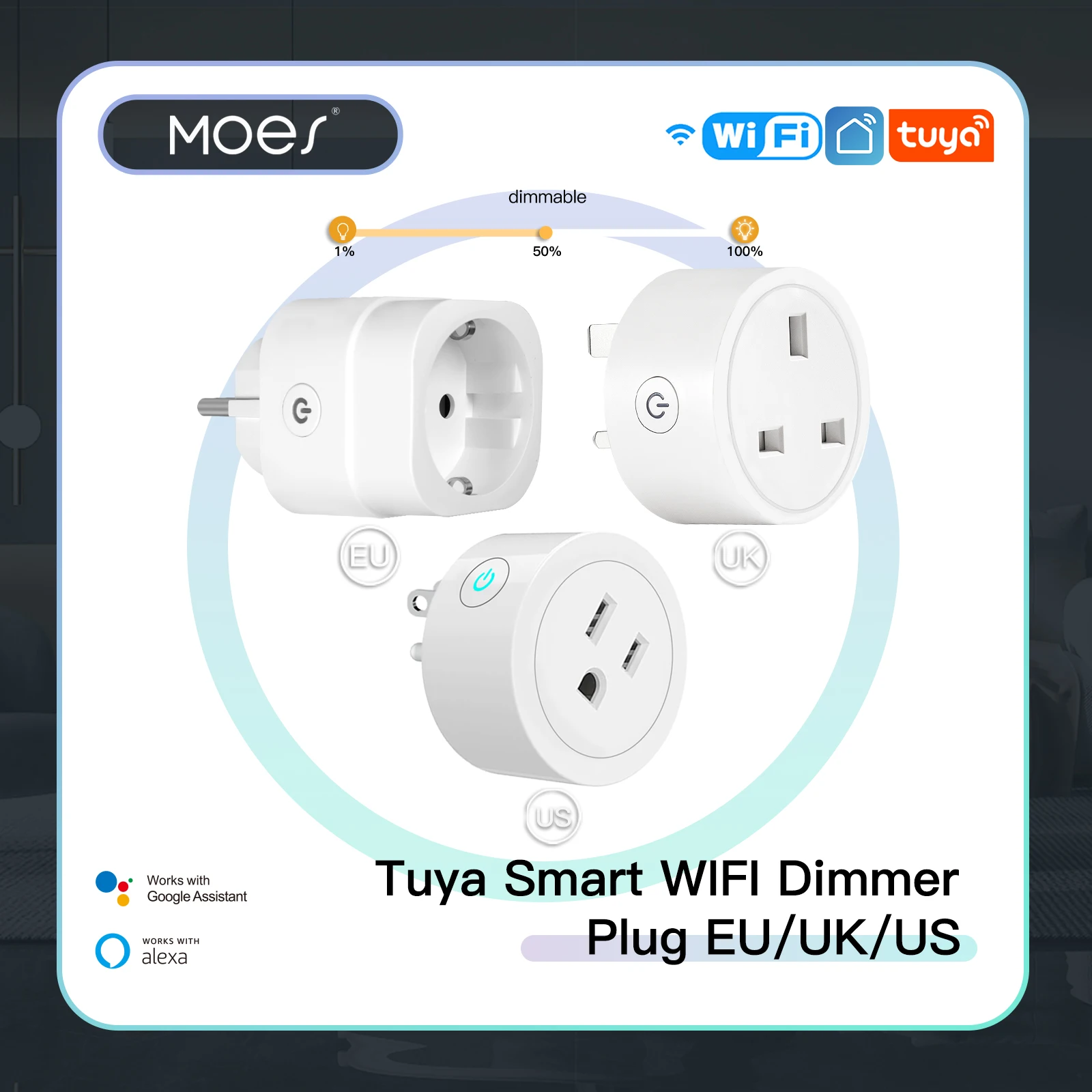 

MOES WiFi Smart Power Socket Plug Brightness Adjust Timer For Tuya Smart Life App,Amazon Alexa Google Voice Control EU/UK/US
