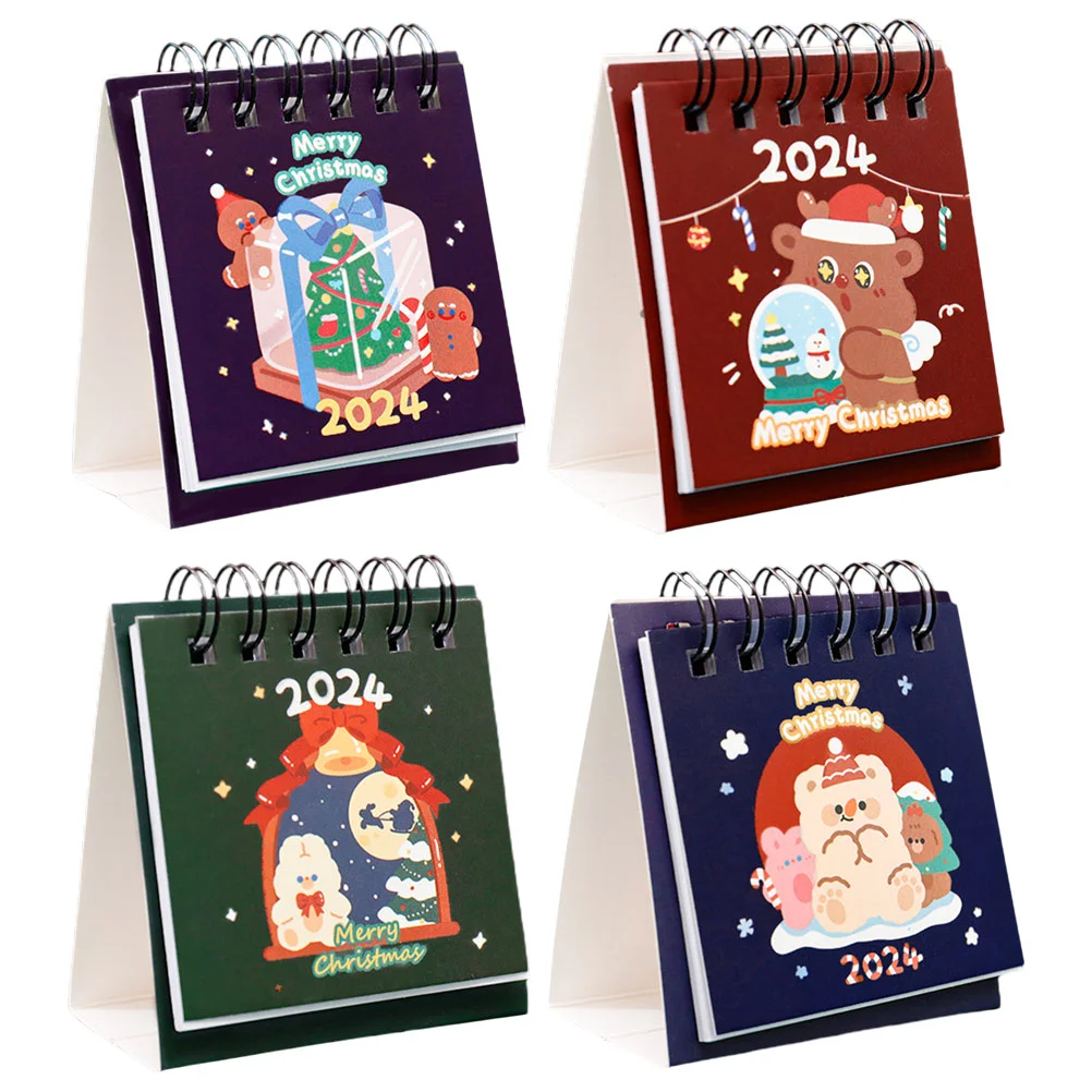 

4 Pcs Christmas Desk Calendar Decor Home Decorative Monthly Ornaments Flip Paper Small 2024 Xmas Themed Office Accessories