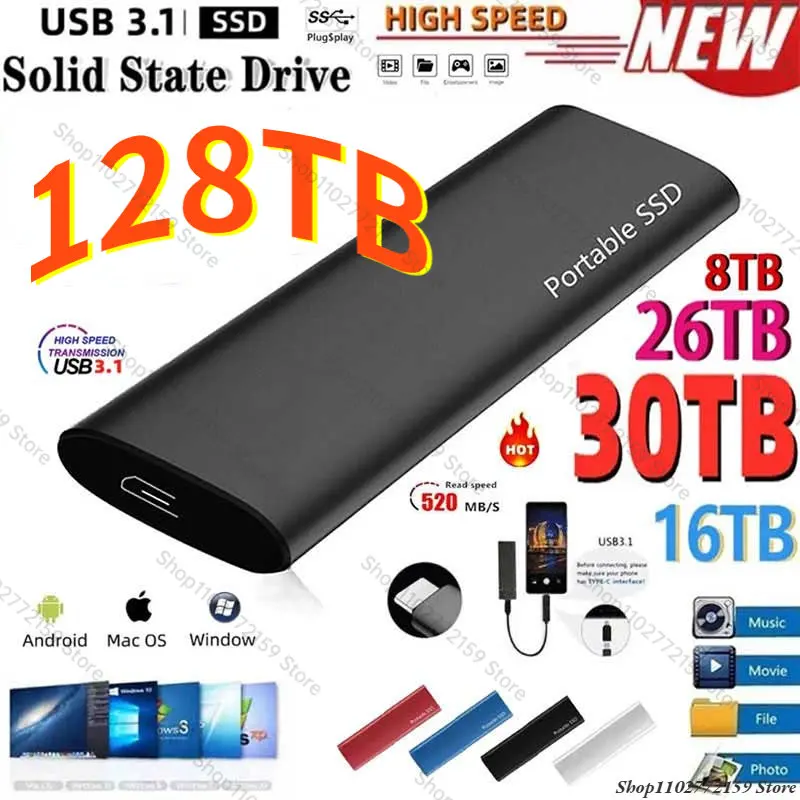

New 128TB M.2 SSD 2TB 4TB 16TB Type-C 8TB External Hard Drive Usb 3.1 64TB Mobile Solid State Hard Disks for Notebook Laptop/mac