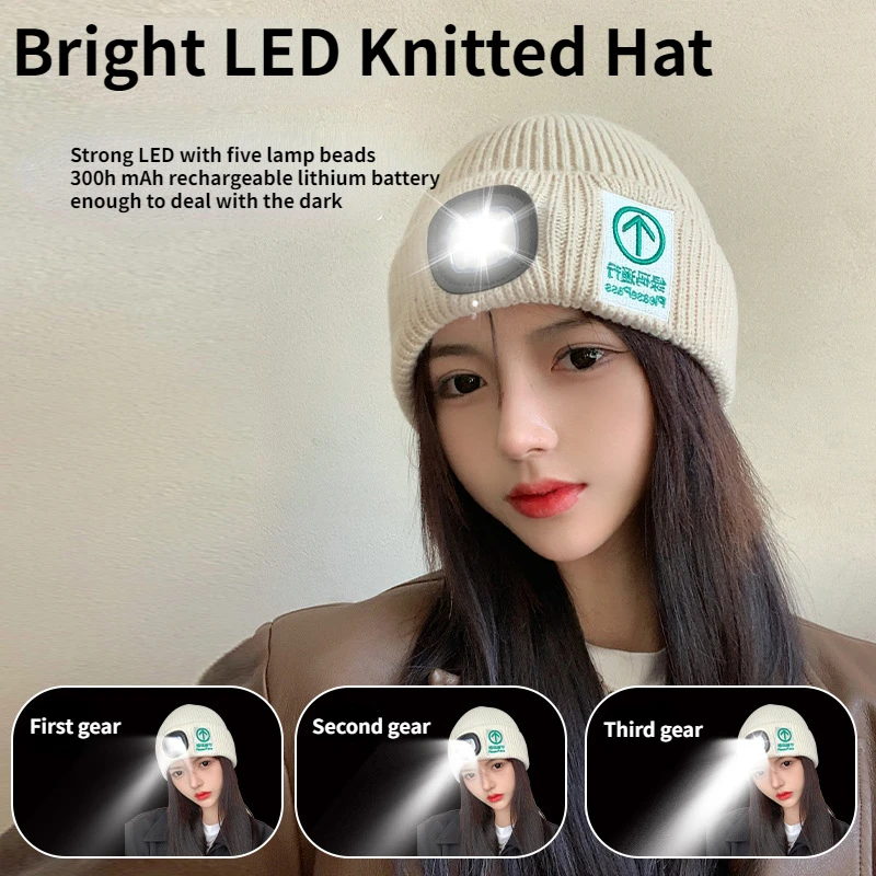 

New Led Lamp Knitted Women Hat Outdoor Night Running Mountaineering Lighting Bonnets For Women Pink White Black Letter Hats