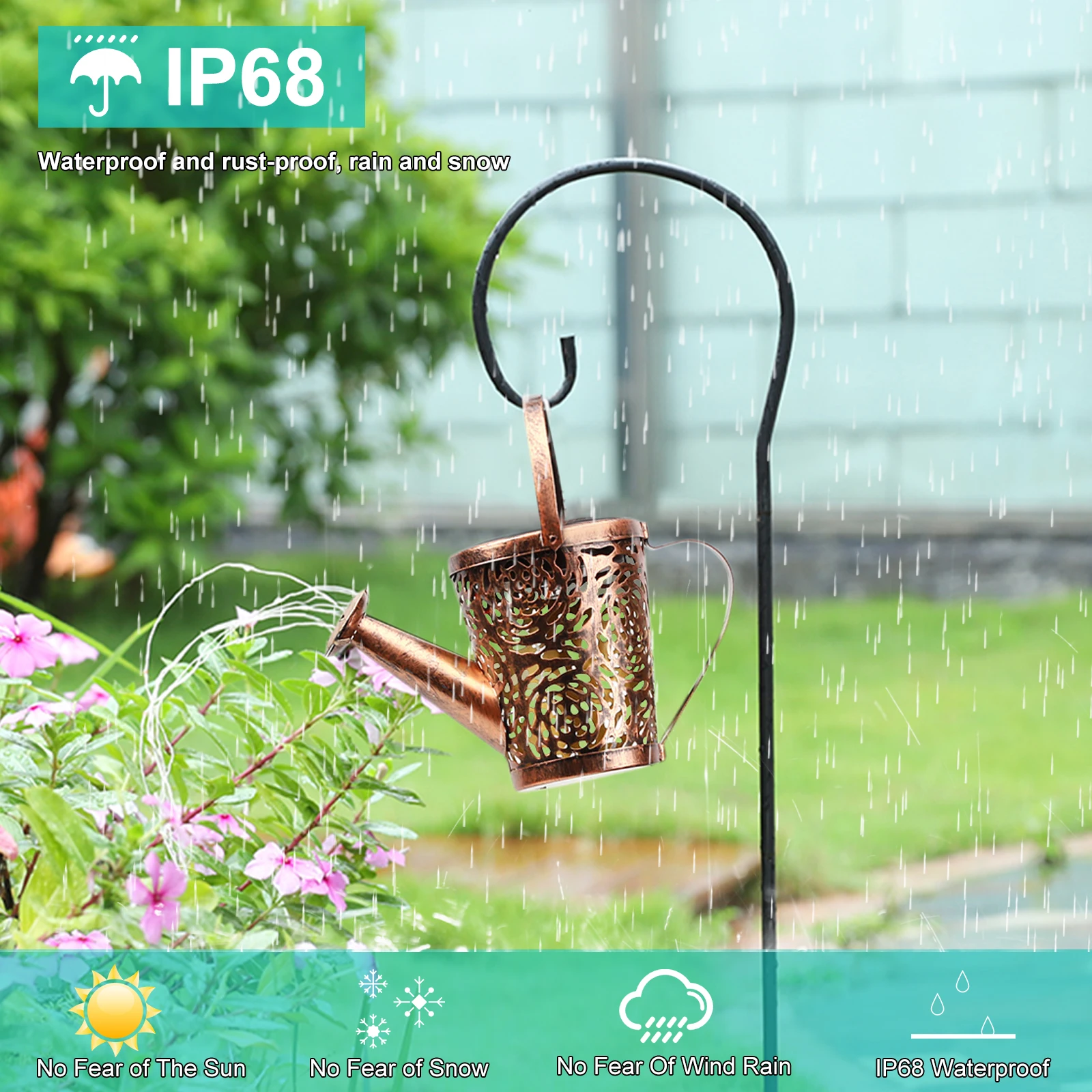 

Solar Garden Lawn Lights Outdoor Decor Kettle Art Lamp Metal Iron Waterproof IP65 w/Installed Light String Watering Can Colorful