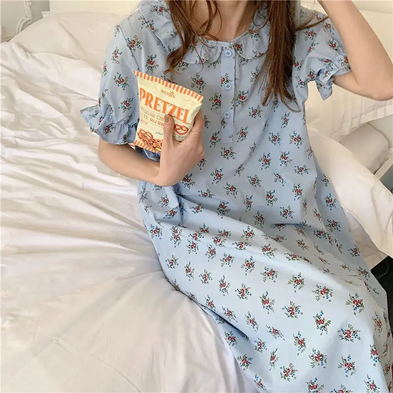 QWEEK Night Dress Women Doll Collar Ruffle Nightgown Blue Apricot Sleepdress Sleepshirts Summer 2021 Fashion Nightie Roomware