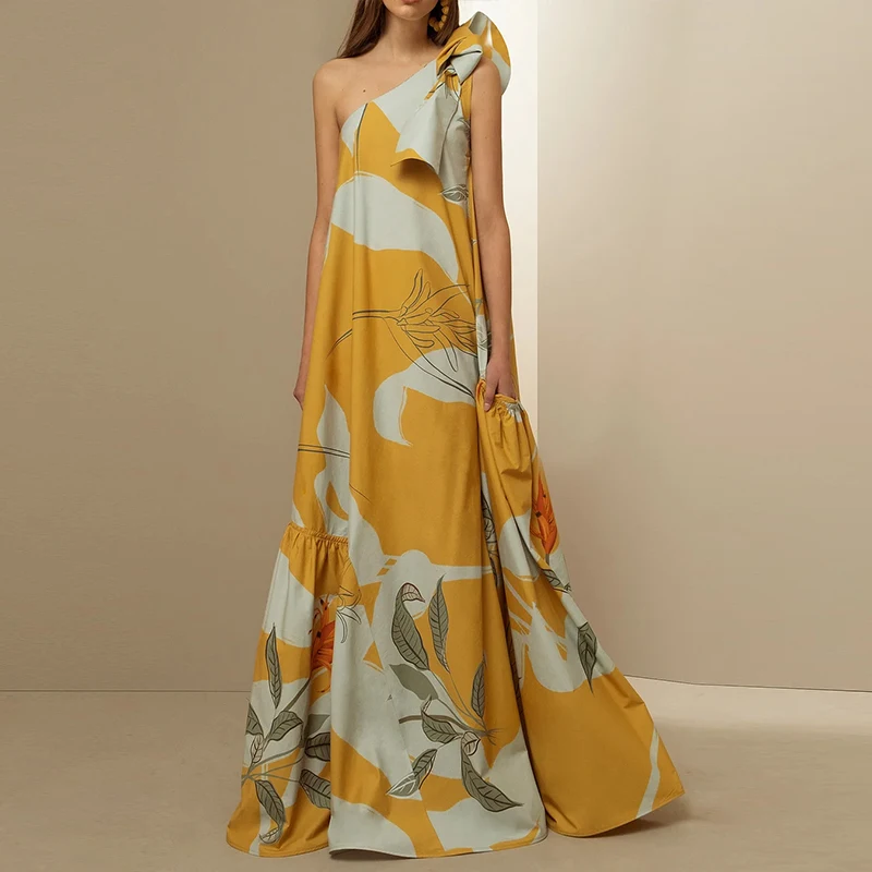 

Летнее платье с диагональным воротником и оборками, женское повседневное свободное платье с карманами, модное французское длинное платье на одно плечо