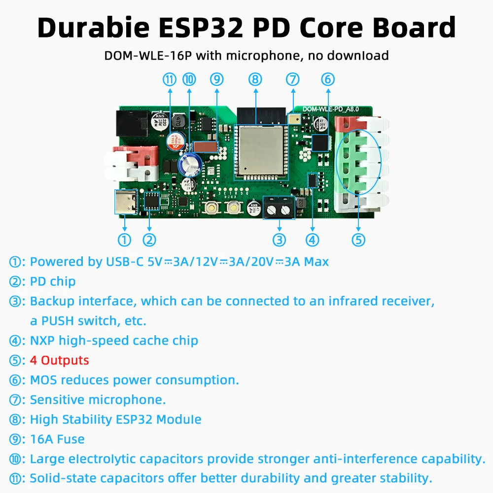 Фото Контроллер DOMRAEM ESP32 WLED, звуковой реактивный микрофон, 4 выхода, 16 А, предохранитель PD 5 В/12 В/20 В постоянного тока 5-24 В для WS281X SK6812 APA102 Pixel Light №5