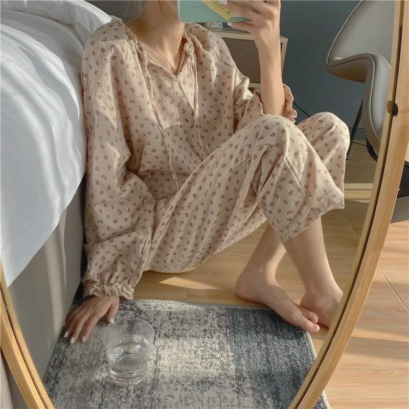 Korean New Fashion Pajamas Mill Hair Home Wear Small Broken Casual Comfortable Sleepwear Lace Orangery Pajama Two-piece Set