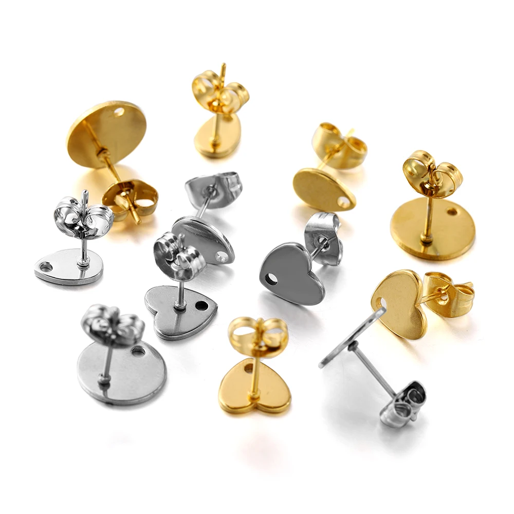 

10pcs/lot Gold Color Stainless Steel Heart Drops Round Hole Ear Studs With Earring Plug For DIY Jewelry Making Accessories