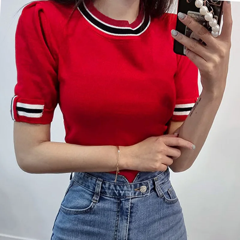 

Summer Women'S Korean Version Of The New Solid Color Beautiful Round Neck Slim Short-Sleeved Thin Comfortable Ice Silk Sweater
