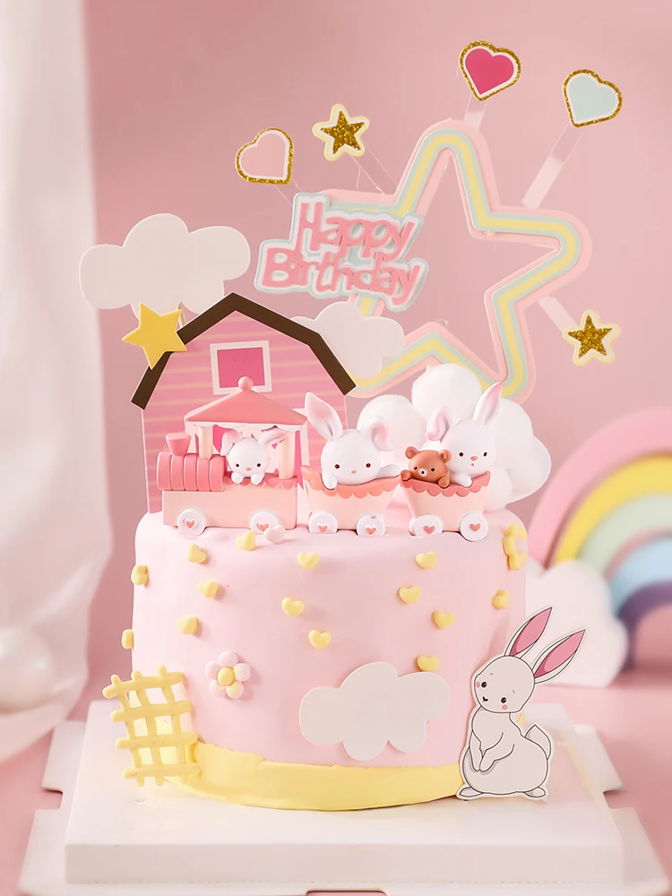 

Pink Bunny Train Baby Cake Topper Happy Birthday Rabbit Moon Cake Decoration for Children Kid Party Baking Supplies Lovely Gifts