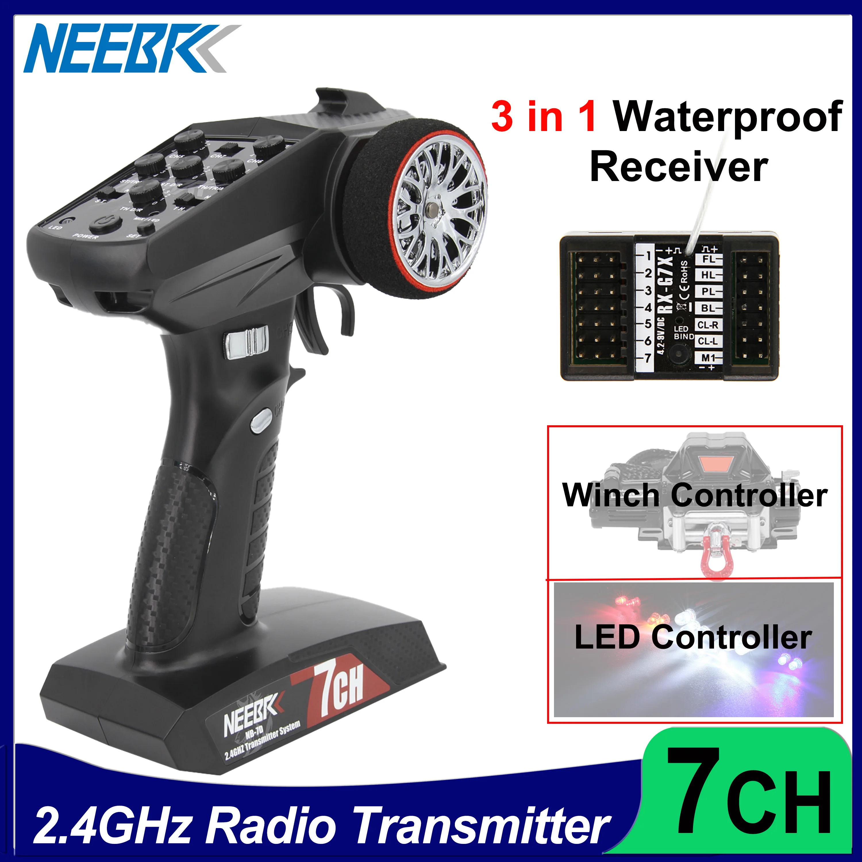 

NEEBRC 2.4GHZ 7CH Transmitter Radio System Transmitter Remote Control/led light controller system Receiver For RC car boat RED